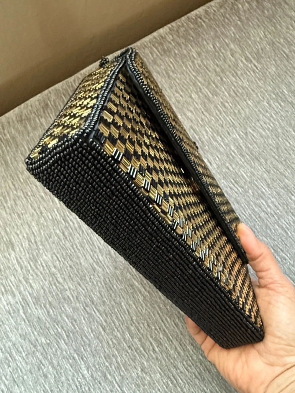 Vintage Beaded Checkerboard Clutch Crossbody Bag Gold Black Art Deco